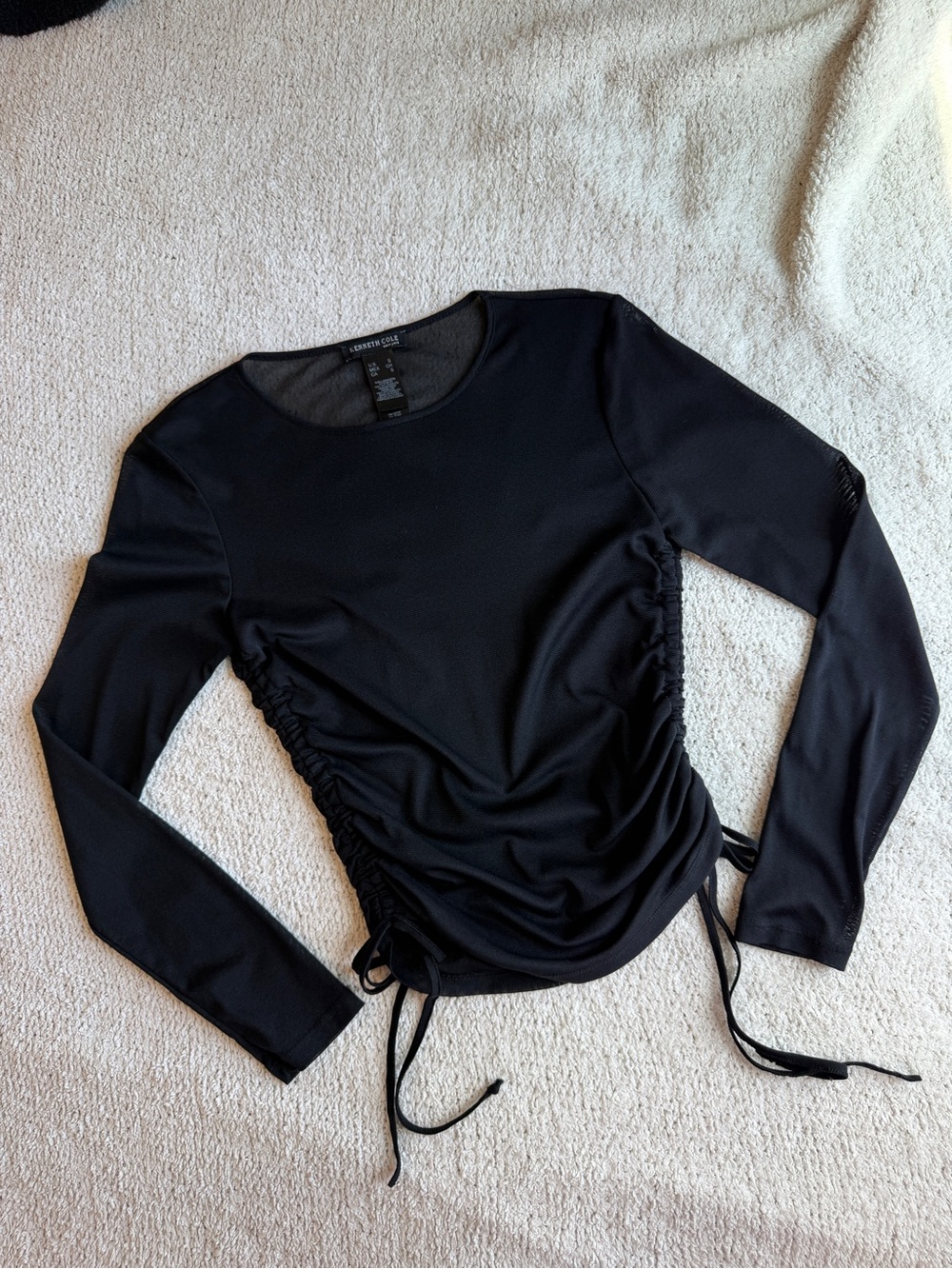 Vintage Kenneth Cole Black Sheer Mesh Ruched Drawstring Top Small